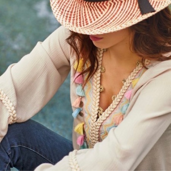 Soft Surroundings Clementine Tassel Tunic Top Womens Large Boho Beachy Gauze - Picture 5 of 13